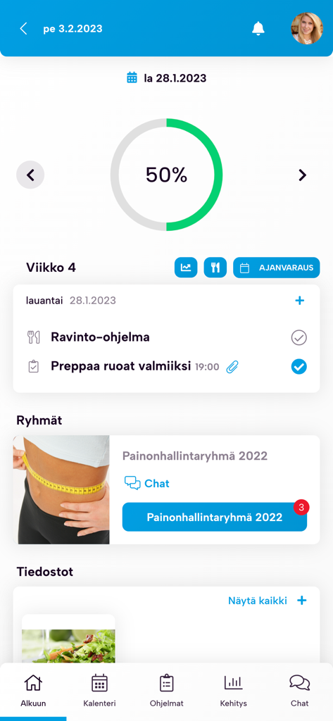 Movet Studio - Painel do aplicativo Movet Studio exibindo medidor de progresso diário, lista de tarefas de nutrição e grupo de gerenciamento de peso.