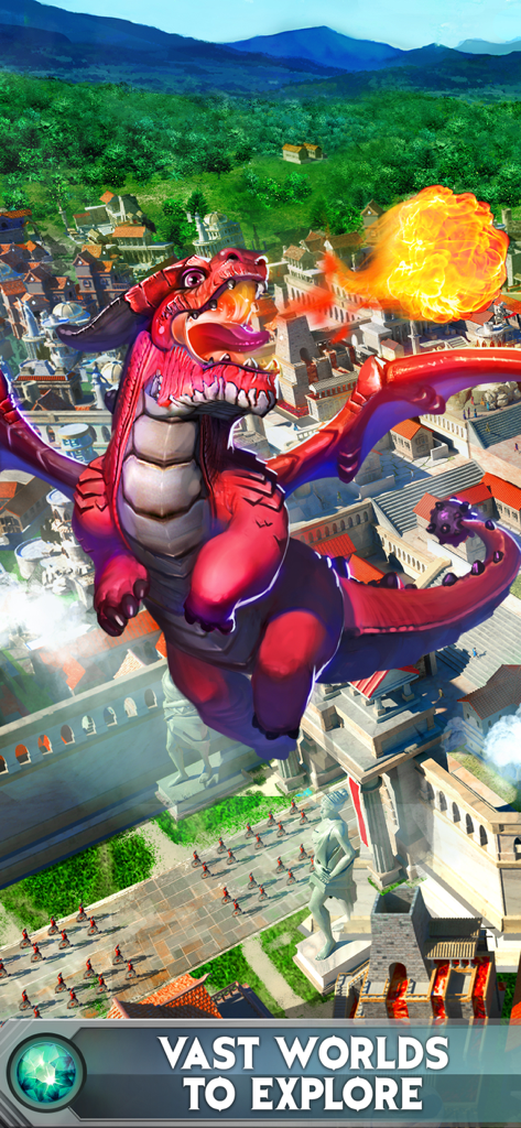 Game of War - Fire Age - A large red dragon breathing fire over an ancient city with the text Vast Worlds to Explore