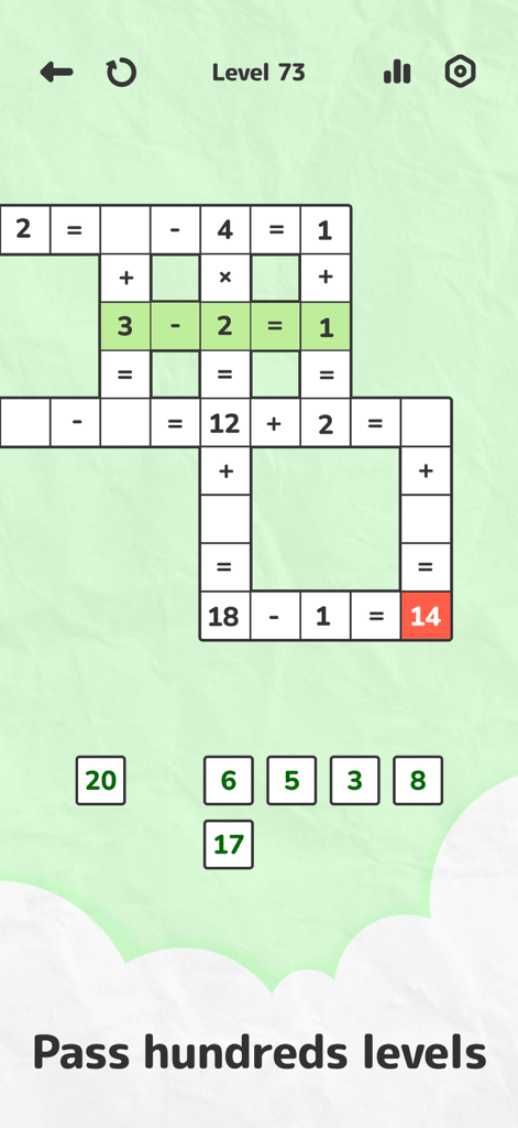 Math Crossword Pro game screen showing a crossword puzzle with math equations and numbers