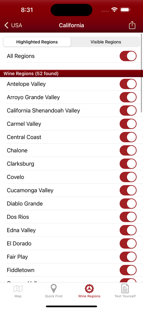 Interface de l'application Wine Maps affichant une liste des régions viticoles de Californie avec des boutons de personnalisation.