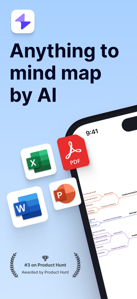 Mapify: AI Mind Map Summarizer - Mapify app interface showing AI generation of mind maps from PDF Word and Excel files
