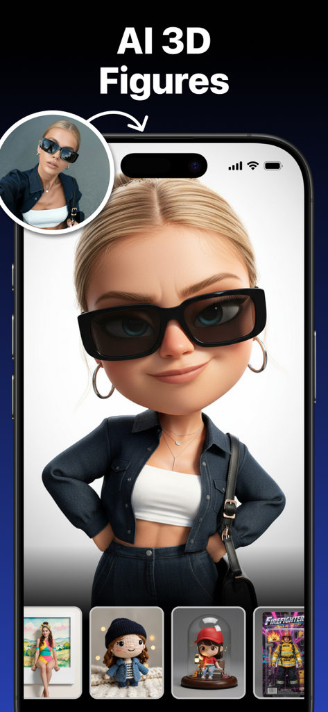 Tenada AI Photo Graphic Design - Tenadaアプリの機能を示すモバイル画面で、実際の写真をスタイリッシュな3D AIキャラクターに変換している。