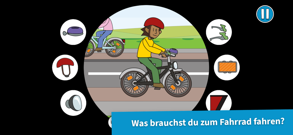 Molli und Walli | UKH - Pantalla de juego educativo que muestra a un niño en bicicleta rodeado de iconos de equipo de seguridad como casco y timbre