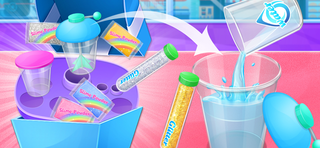 Digital slime making kit with slime powder packets, glitter tubes, and water pouring into a cup.