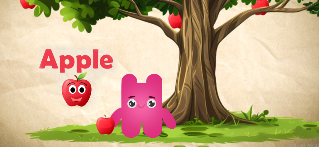 Endless Alphabet ABC App Kids - Pink cartoon monster standing under an apple tree with the word apple in a preschool education app