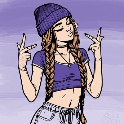 realistic teenage girl with braids and a beanie and crop top doing 🫶🏼
