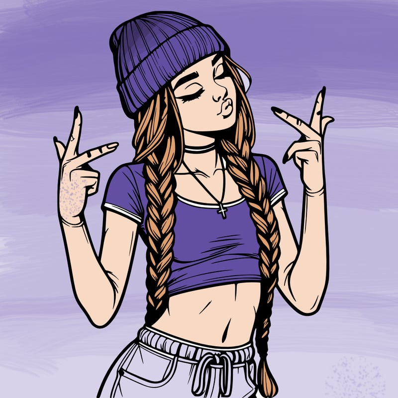 realistic teenage girl with braids and a beanie and crop top doing 🫶🏼