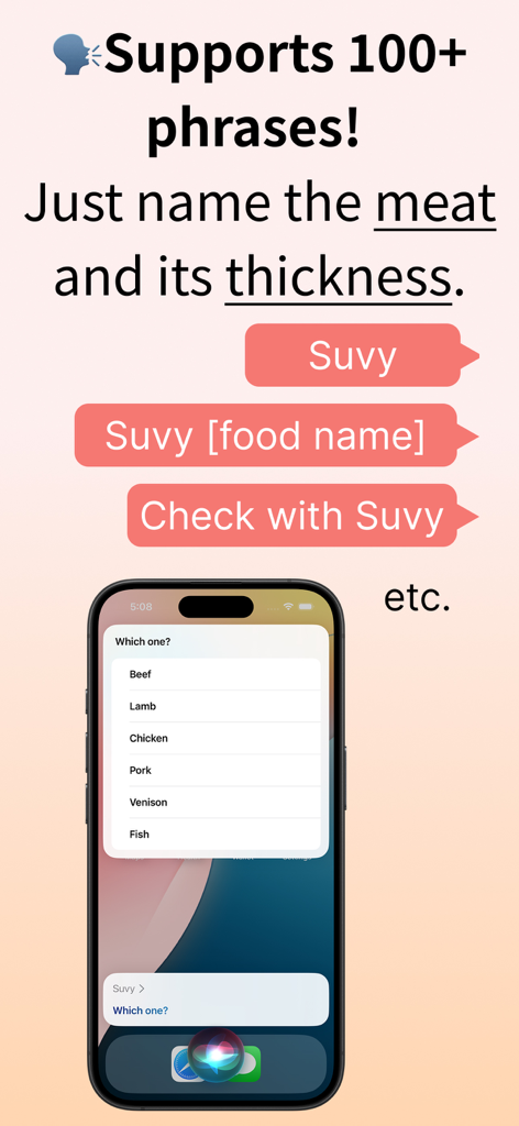 Suvy - Sous Vide Voice Calc - iPhone screen showing Suvy voice command phrases and a meat selection menu for sous-vide cooking
