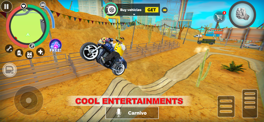 Personaje realizando un caballito en motocicleta sobre una rampa de madera en un entorno desértico