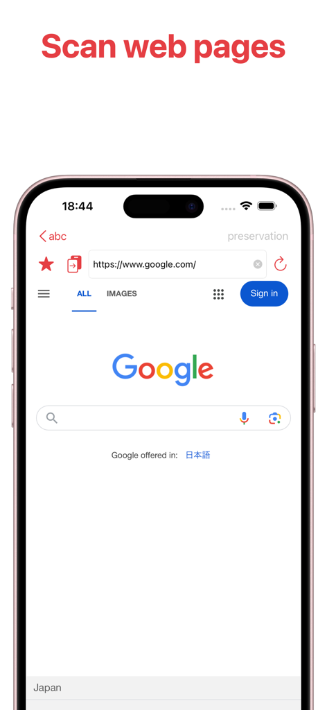 Tela de um iPhone mostrando o aplicativo Scan Speak digitalizando uma página da web do Google para converter texto em áudio