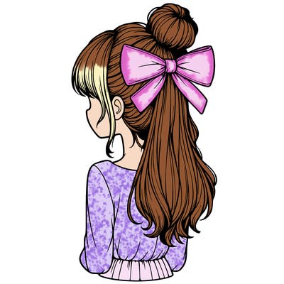 realistic girl  with hip length hair a bun and a big bow on the back of head
