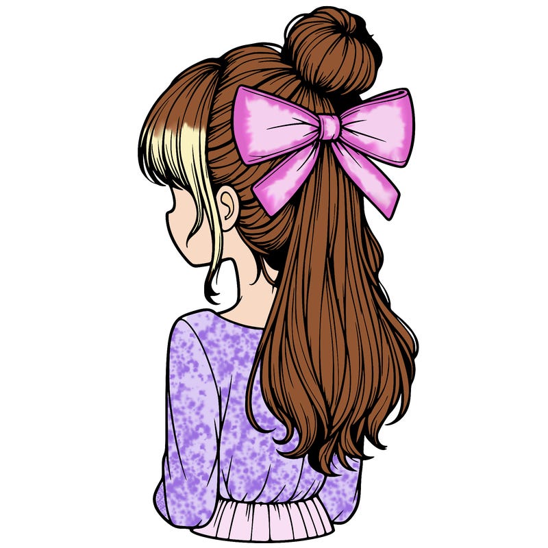realistic girl  with hip length hair a bun and a big bow on the back of head
