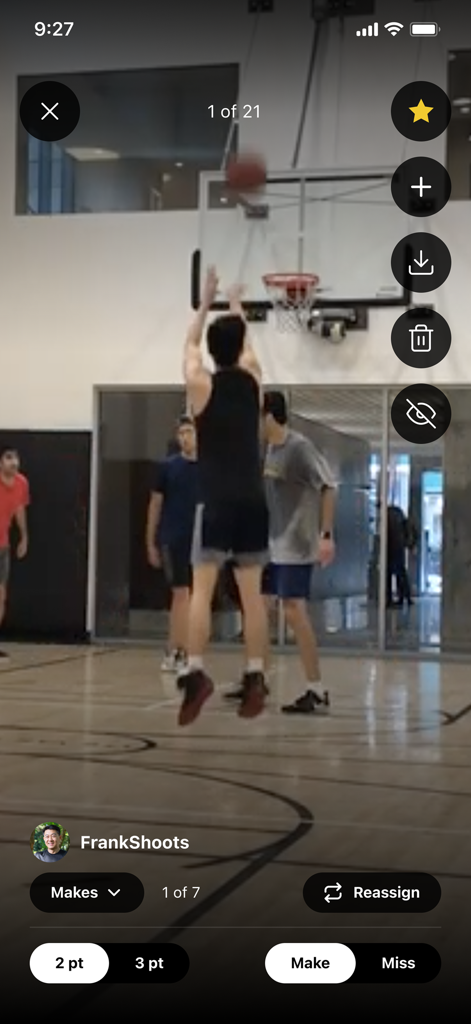 Hooper: Basketball - A basketball player shooting a jump shot in the Hooper app video review screen with AI tracking tags