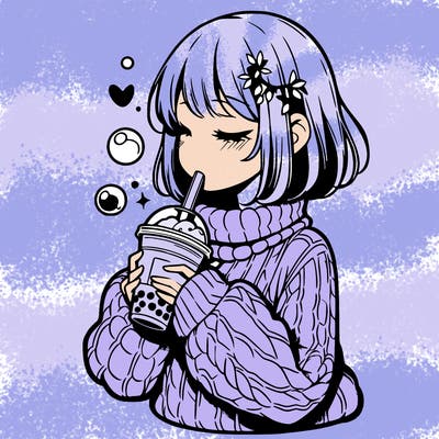 manga girl drinking boba in cozy sweater