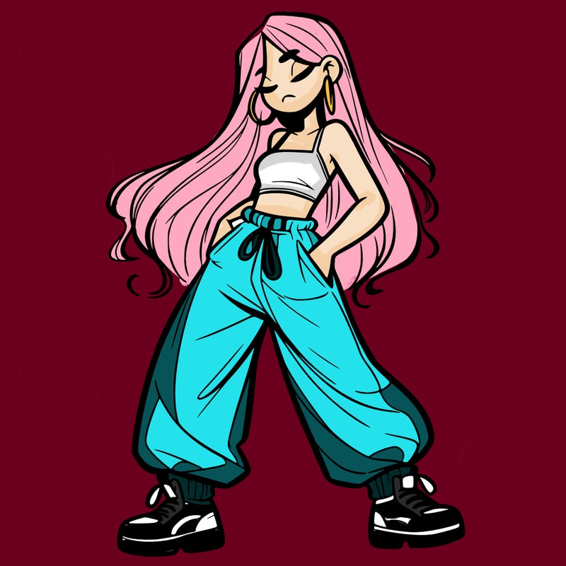 girl in baggy pants crop top and long hair