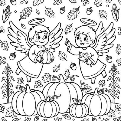 Introduce your little one to the joys of autumn with this charming coloring page featuring two sweet angels amidst a bountiful harvest. Designed with ultra-thick lines and large areas, it's perfect for developing toddlers' motor skills and creativity.