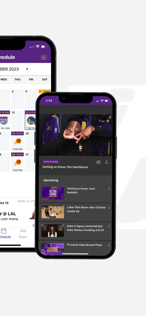 LA Lakers Official App - LA Lakersアプリのインターフェース。バスケットボールの試合スケジュールと、チームの限定コンテンツが含まれたビデオプレーヤーが表示されています。
