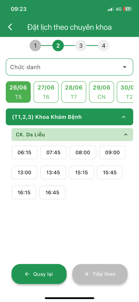 Bach Mai Care app screen for selecting an appointment date and time slot for medical specialties.
