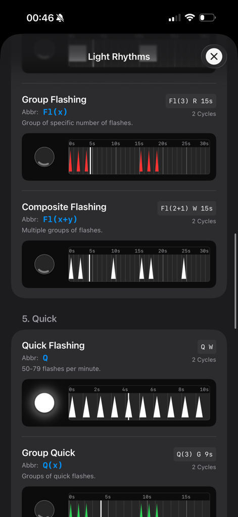 Maritime Master – IALA Buoyage - A study guide for maritime light rhythms showing group flashing and quick flashing sequences with animated timing charts