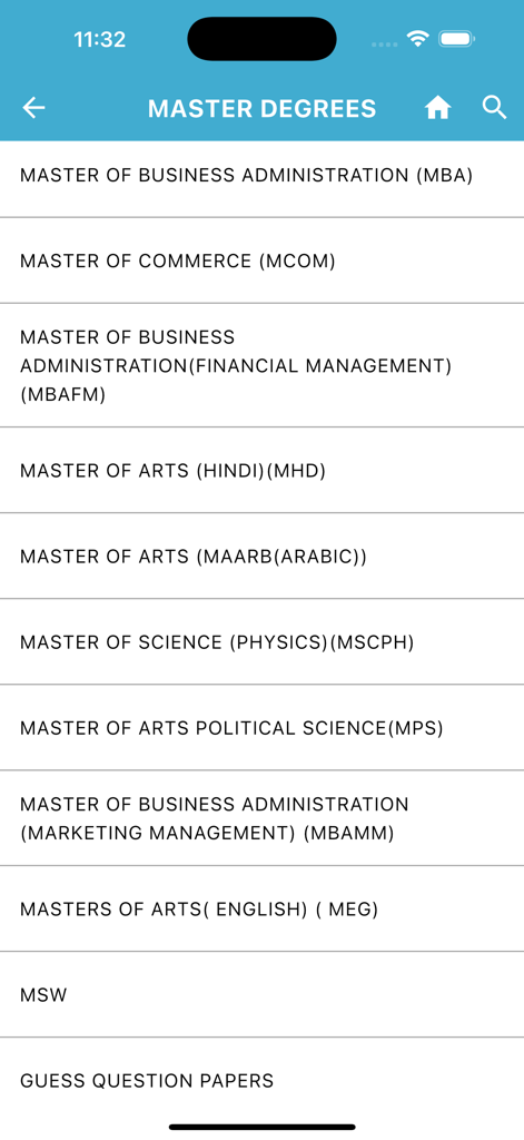 SMate Ignou - SMateアプリ内で利用可能なIGNOU修士課程プログラムのリスト。