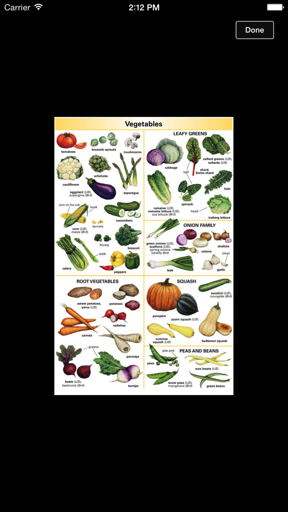 An illustrated chart of various vegetables categorized by types like leafy greens and root vegetables in the English Learner's Dictionary app.