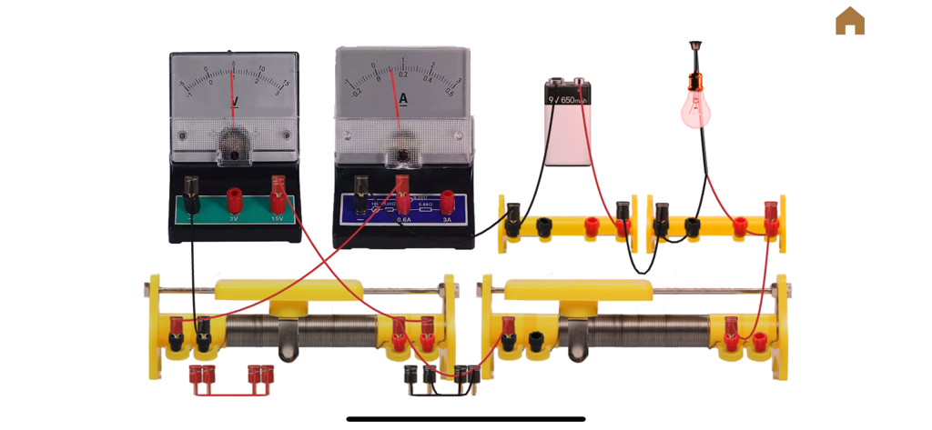 Phys. Lab - Physics simulation showing an electrical circuit with a battery light bulb and meters