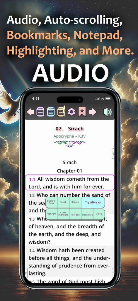 Reading screen of the Apocrypha PRO Bible app featuring text highlighting and audio tools