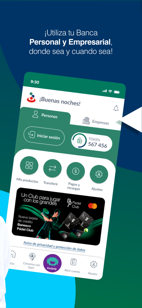 Banesco PA mobile banking app home screen displaying options for personal and business accounts including transfers and payments