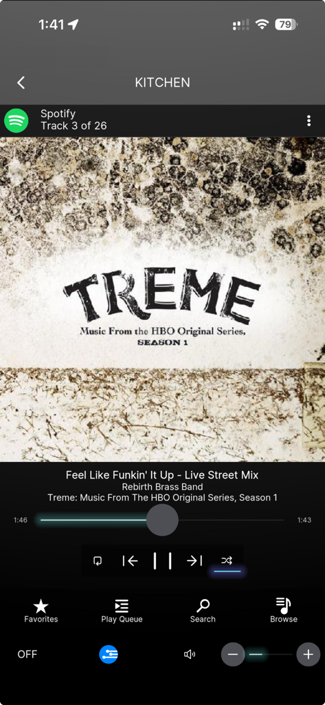 Nice Mobile Viewer - Nice Mobile Viewer app screen showing Spotify music controls for the kitchen room.