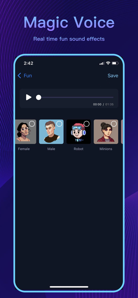 Audio Editor - AI Music Editor - Audio Editor app interface showing the Magic Voice feature with various sound effect filters like robot and minions
