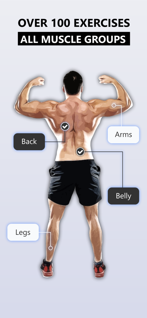 Titan - Home Workout & Fitness - Un hombre musculoso de espaldas con etiquetas para ejercicios de espalda, brazos, abdomen y piernas para todos los grupos musculares