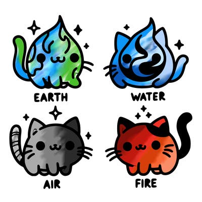 4 cats that represent the different elements, earth, water, air, and fire