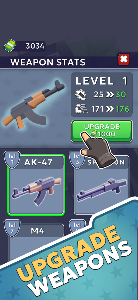 SWAT 2: Hero Squad - Schermata delle statistiche delle armi di SWAT 2 Hero Squad che mostra le opzioni di potenziamento e le statistiche dell'AK-47