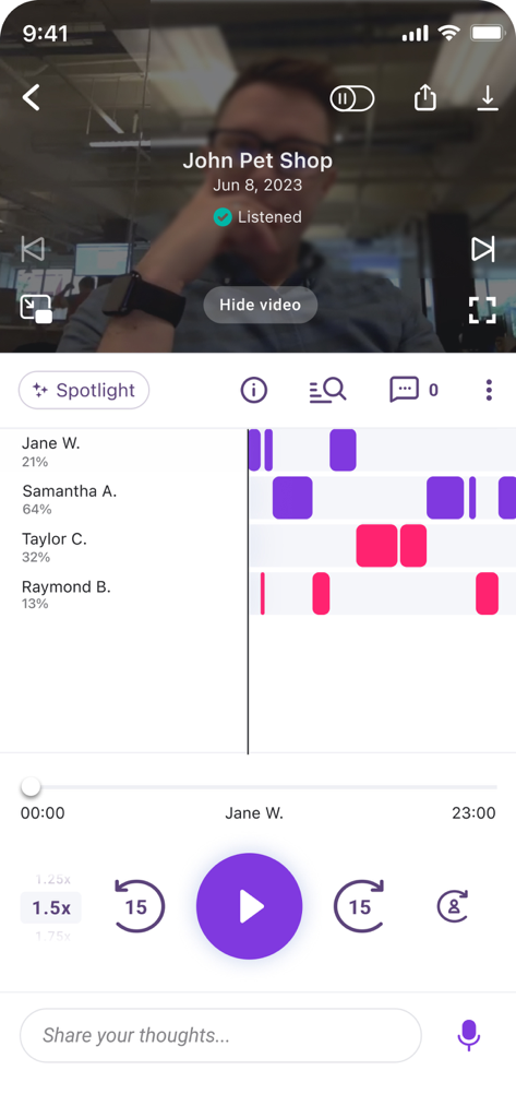 Interface of Gong mobile app displaying a video meeting recording with speaker talk time percentages and playback controls