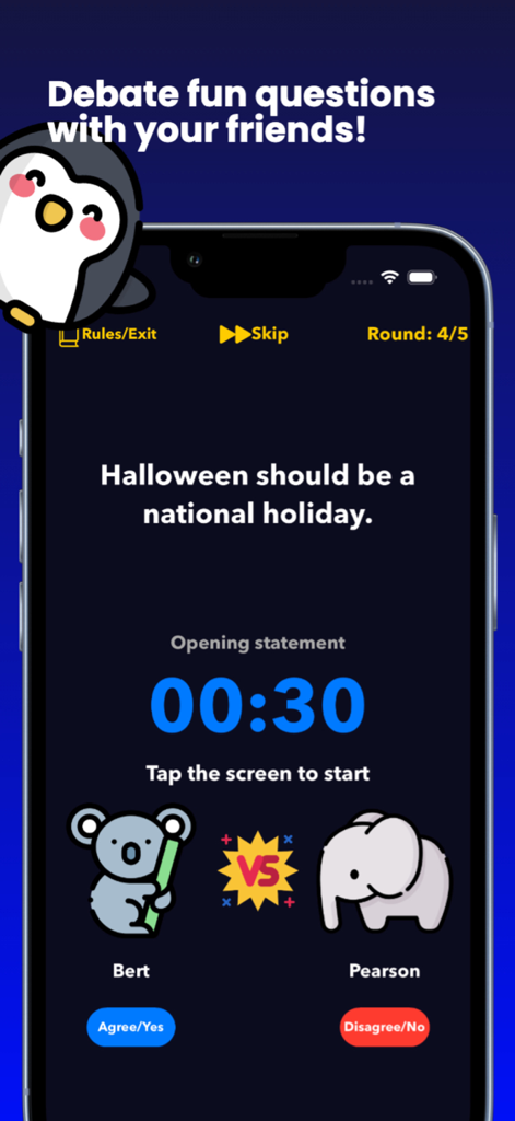The Great Debate - Tela do aplicativo O Grande Debate mostrando um tópico de debate sobre Halloween com ícones de jogadores de animais e um cronômetro