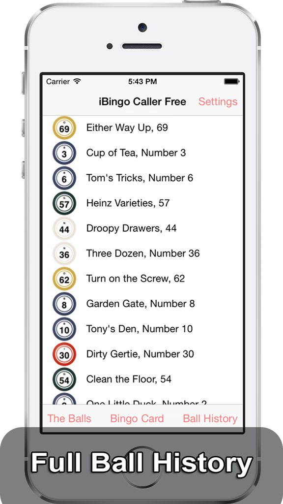 iBingo Caller Free - Play Bingo at Home with Friends! - A list of called bingo numbers and their traditional nicknames on the iBingo Caller Free app