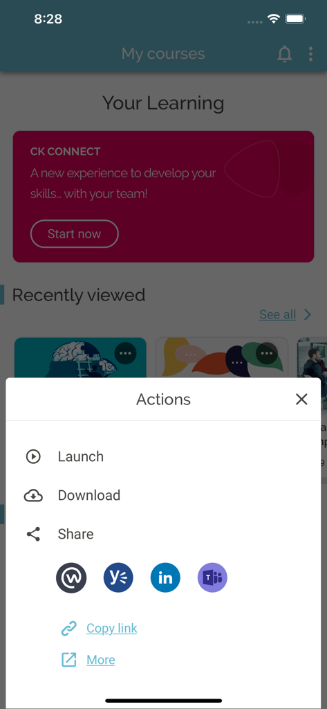 My Learning App - Écran mobile montrant le menu d'actions dans My Learning App avec les options pour lancer, télécharger et partager du contenu via LinkedIn ou Microsoft Teams.