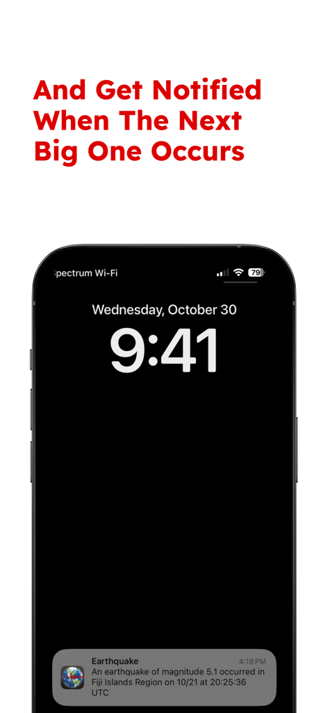 Tela de bloqueio do iPhone mostrando um alerta de notificação de terremoto em tempo real de magnitude 5,1