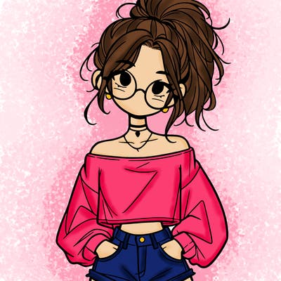 girl with a messy ponytail glasses a baggy crop top and jean shorts