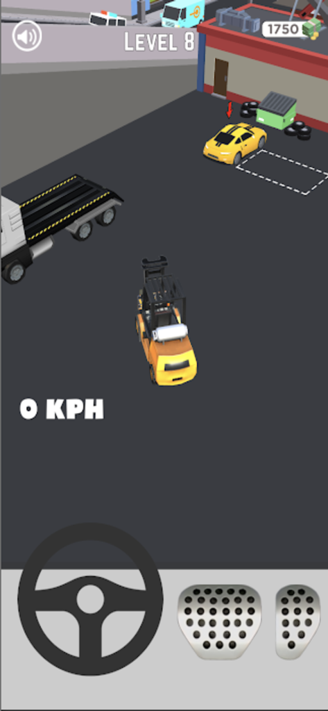 Evacuator Service 3D - Una carretilla elevadora amarilla acercándose a un coche aparcado en la interfaz del juego móvil Evacuator Service 3D.