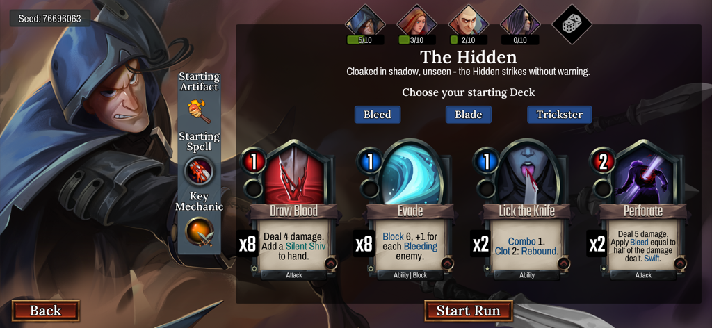 Vault of the Void - A deck selection screen for The Hidden class in Vault of the Void displaying starting cards like Draw Blood and Evade.