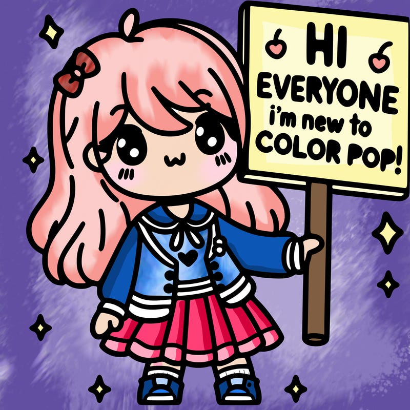 a cute girl holding a sign that says hi everyone i’m new to color pop!