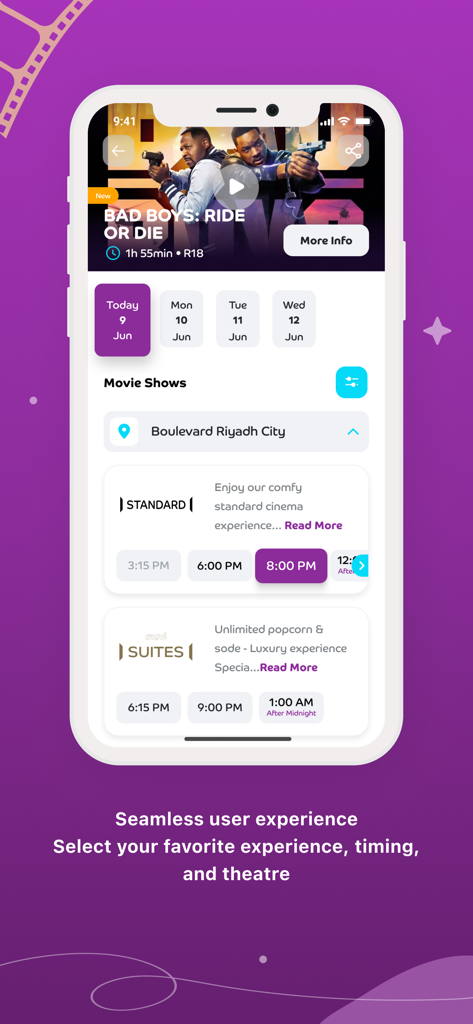 muvi Cinemas app interface displaying movie showtimes and theater selection