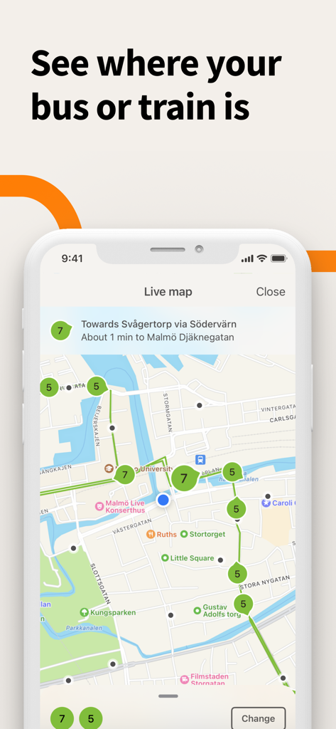 Skånetrafiken - A live map showing the real-time location of buses and trains in the Skånetrafiken app