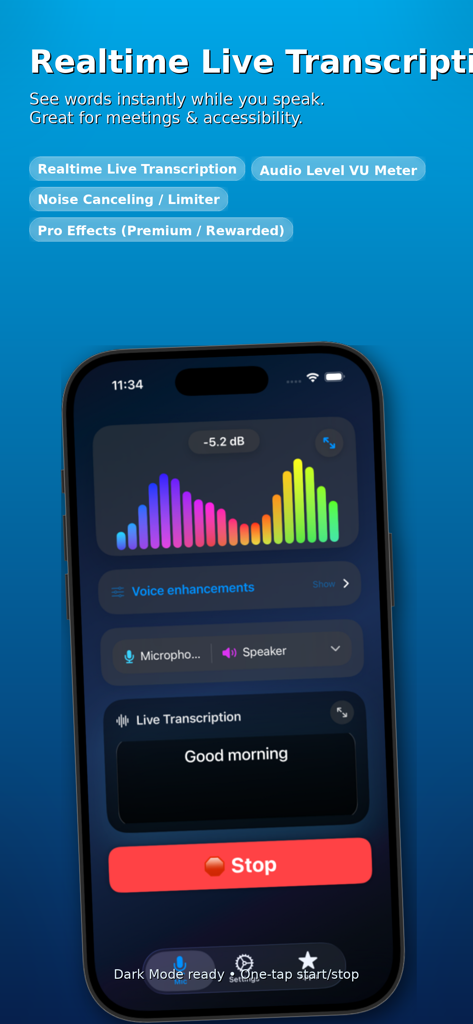 Virtual Mic + Live Audio Out - Smartphone screen displaying the Virtual Mic app with live transcription and a colorful audio VU meter