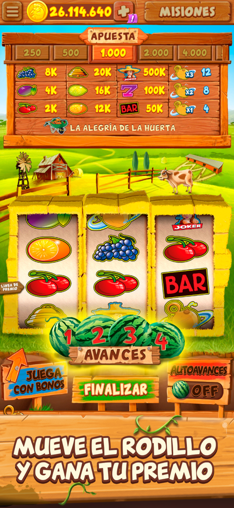 La Granja - Tragaperras Bar - Gameplay screenshot of La Granja Spanish bar slot machine showing three reels with fruit symbols and nudge mechanics.