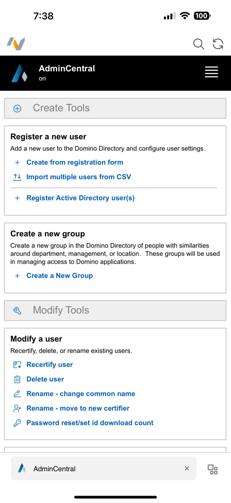 HCL Nomad - Interfaz de HCL Nomad AdminCentral para administrar usuarios y grupos de Domino en dispositivos móviles