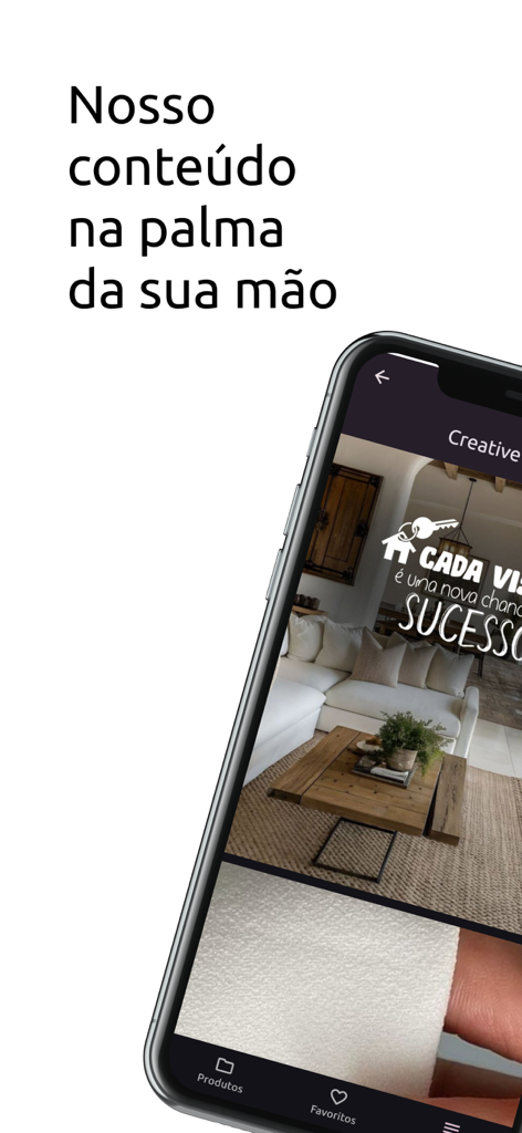 Criative Stories - Smartphone screen displaying the Criative Stories app with lifestyle content and creative typography