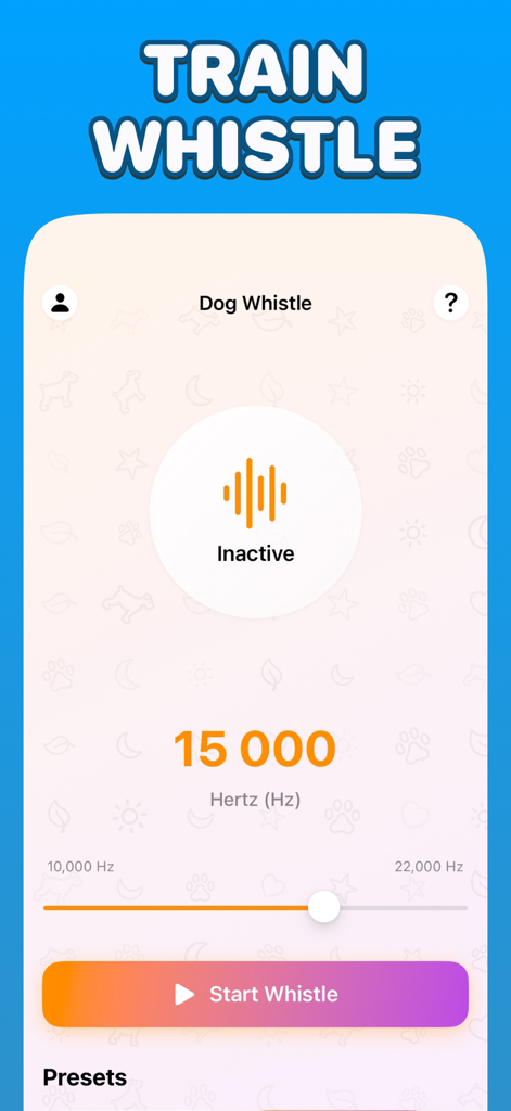Interface of the dog whistle feature showing a frequency of 15,000 Hertz and a start button.