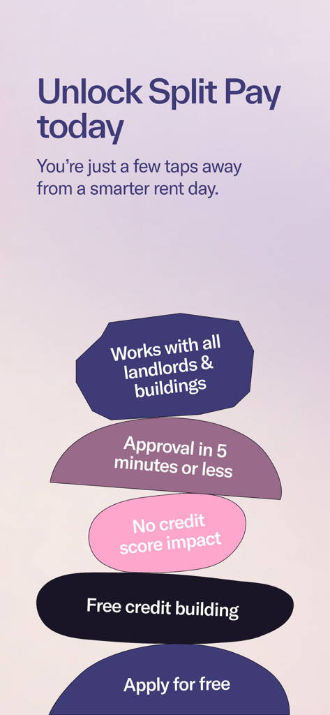 Split Pay features for rent including fast approval, no credit impact, and free credit building.